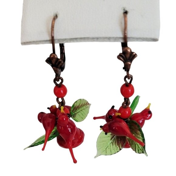 Czech Glass Red Birds, Green Leaves Bead Dangle Lever Back Earrings M976